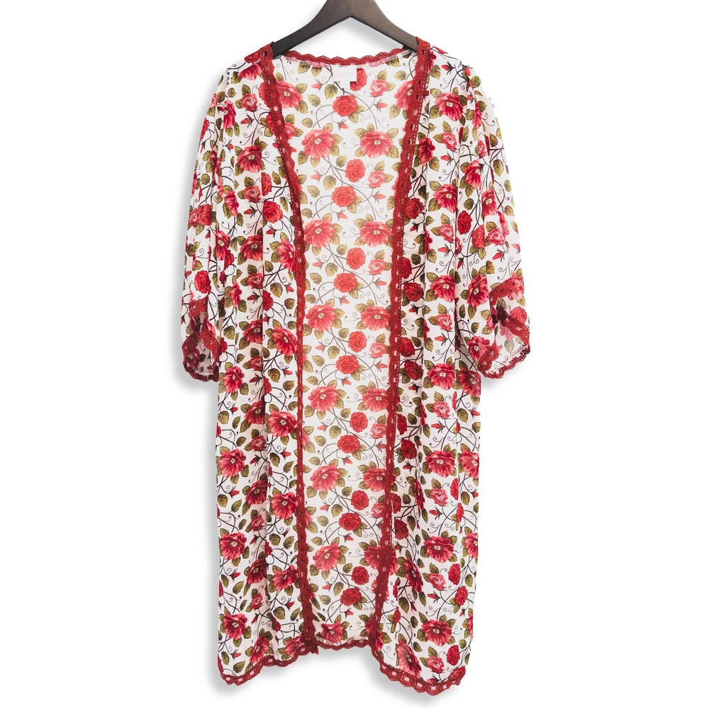 LuLaRoe Kimono Coverup Womens Medium White Red Rose Floral Lace Trim Chiffon